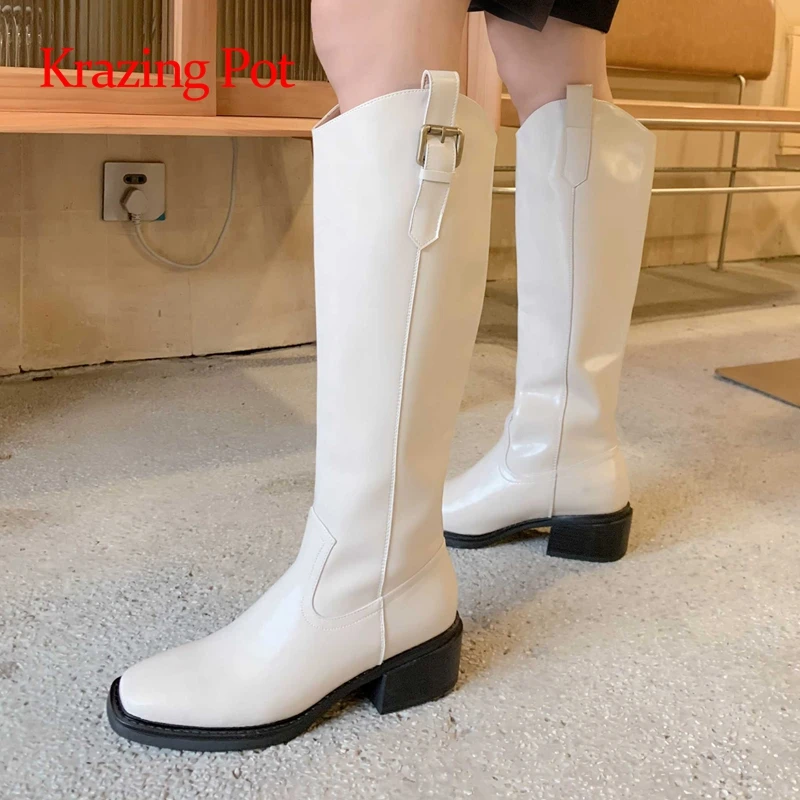 

Krazing Pot cow split leather square toe med heel western boots concise style young lady streetwear basic thigh high boots L19