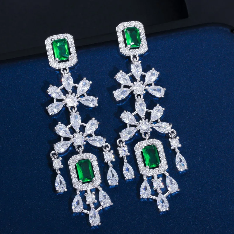 Фото CWWZircons Роскошные зеленые кубические цирконы, женские свадебные украшения, ожерелье, серьги, комплекты ювелирных изделий, аксессуары для свадебного платья T0611 №3