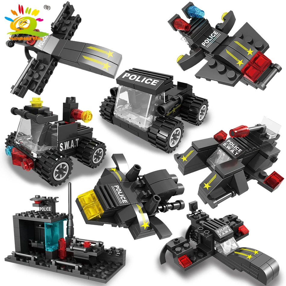 

HUIQIBAO 418PCS 8in1 City SWAT Police Command Trucks Building Blocks Policeman Car Helicopter Model Bricks Toys for Children