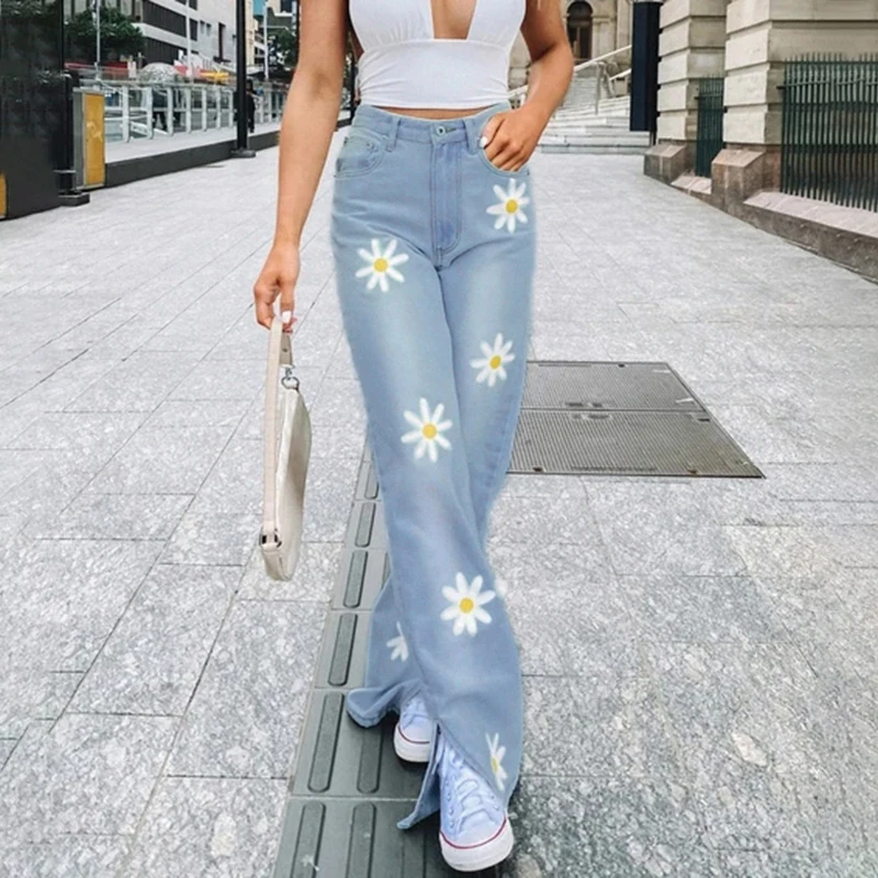 

Floral Print Straight Blue Y2K Jeans For Girls Fashion 2021High Waist Femme Vintage Trouser Split Women's Denim Pants Streetwear