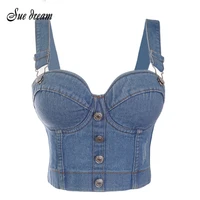 denim scratched womens spaghetti strap button diamonds ripped push up bustier night club party crop top 2021 new corset camise