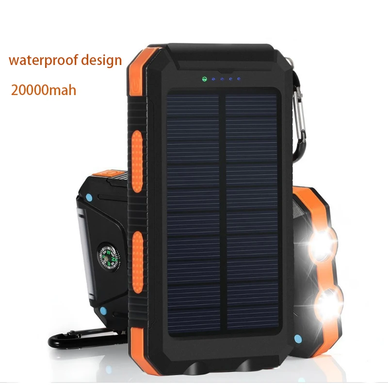 Rechargeable  Battery Power Bank Lamp Flashlight 20000mah Waterproof Solar  Panel Charger LED Flashligh and Compas