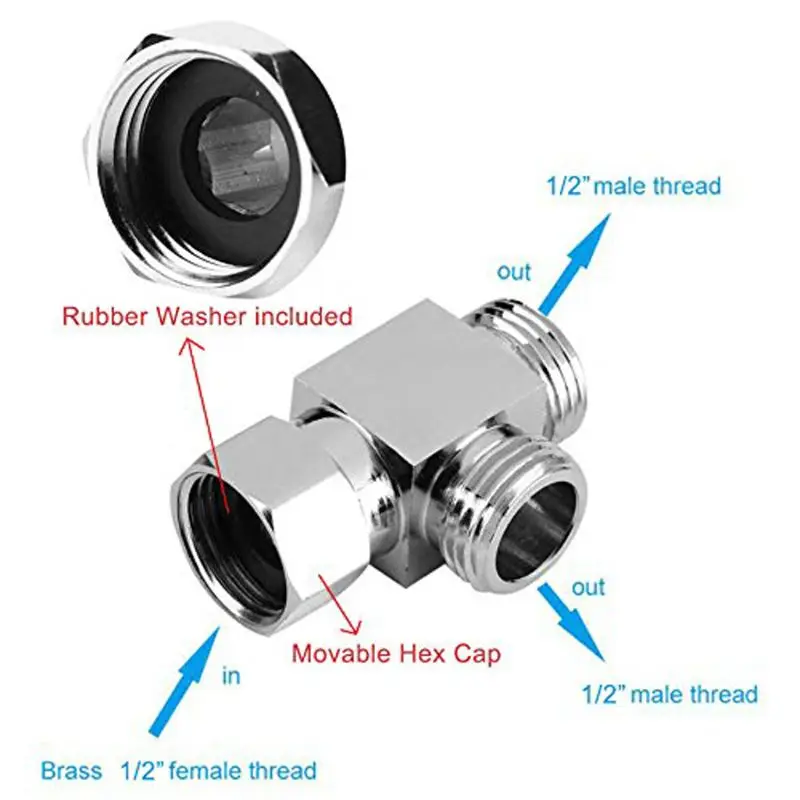 

1/2" Brass Chrome 3 Way Diverter Hose Fitting Tee T Shape Adapter Bath Connector