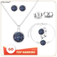 stainless steel jewelery set for women luxury quartz rhinestone round earrings necklaces bridal jewelry sets silver plated gift