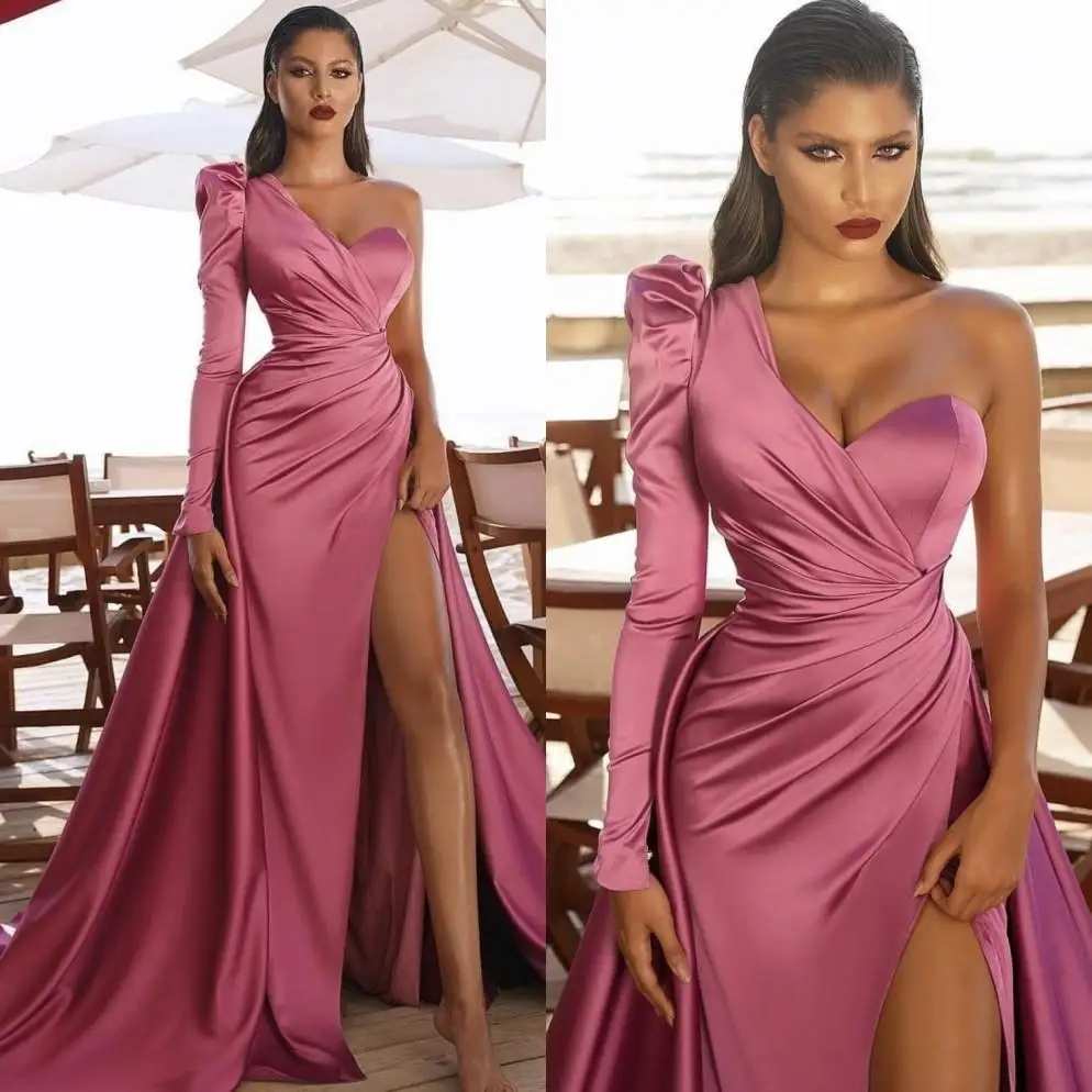

New Arrival Pink Mermaid Prom Dresses Dubai Arabic Long Sleeves Formal Dress High Side Split Celebrity Robe De Soiree
