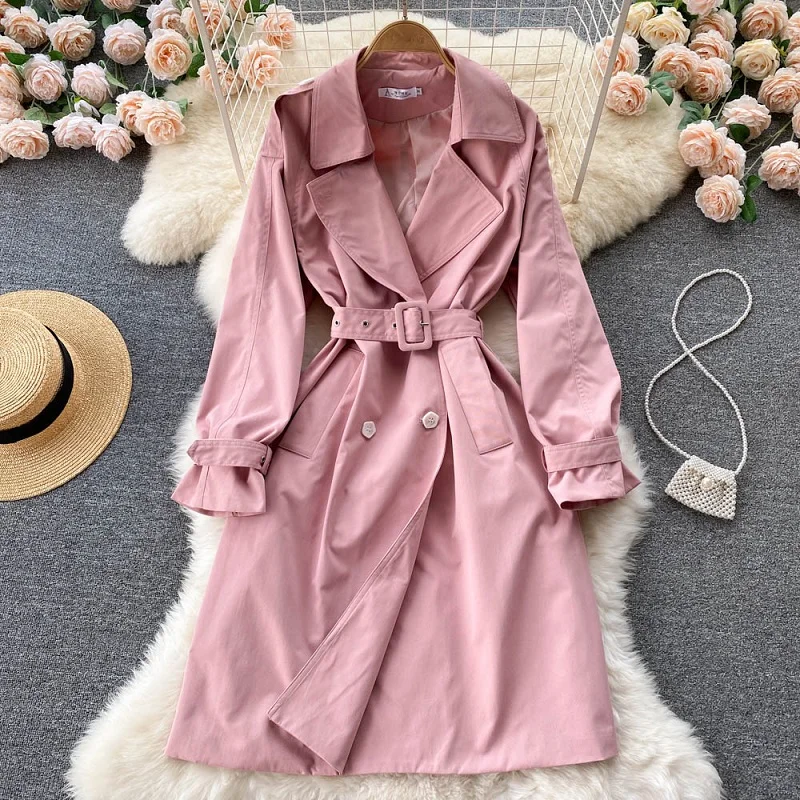 

Korean Style Loose Temperament Over-the-knee Windbreaker Women's Jacket Waist Double-breasted Casual All-match Coat KK1287