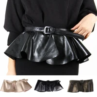 2021 wide gold black belt women metal decorated belts pu leather ruffle skirt peplum waistband cummerbunds female dress strap