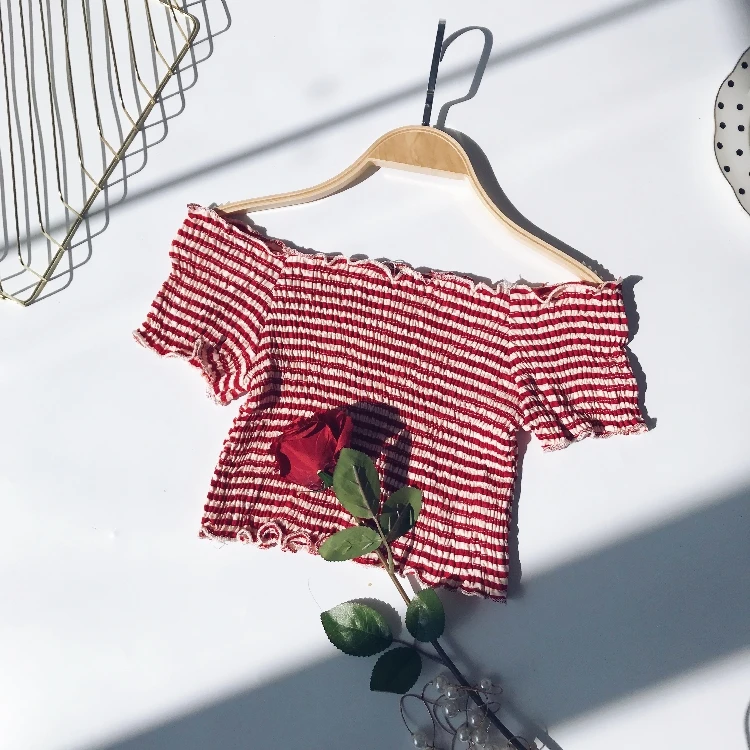 Short Tops Элегантная женская мини-рубашка с вырезом лодочкой, повседневная, милая, женская, короткий рукав, эластичная, высокая талия, тонкая блуза, сексуальная, короткий топ - Цвет: Short Tops