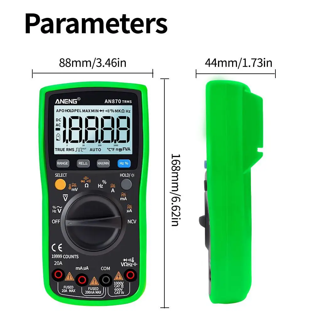 

DishyKooker ANENG AN870 Digital Multimeter 19999 True RMS AC/DC Voltage Volt Ampere Ohmic Capacity Temperature PCI Tester