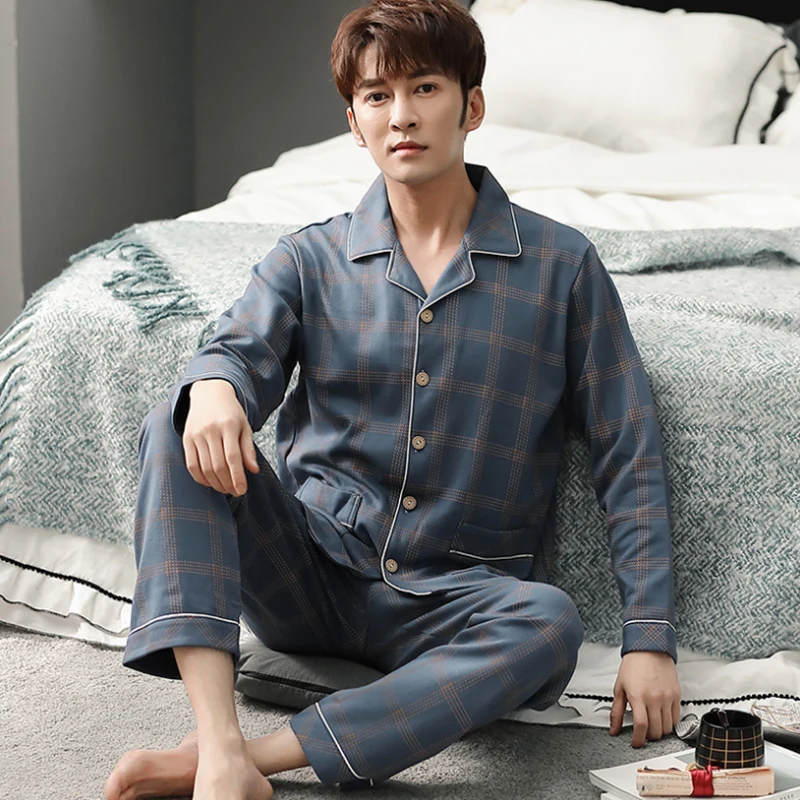 

Spring 100% Cotton Pajamas Men Lounge Sleepwear Blue Plaid Pijama Man's Warm Bedgown Home Clothes PJ Pure Pijama Hombre Invierno