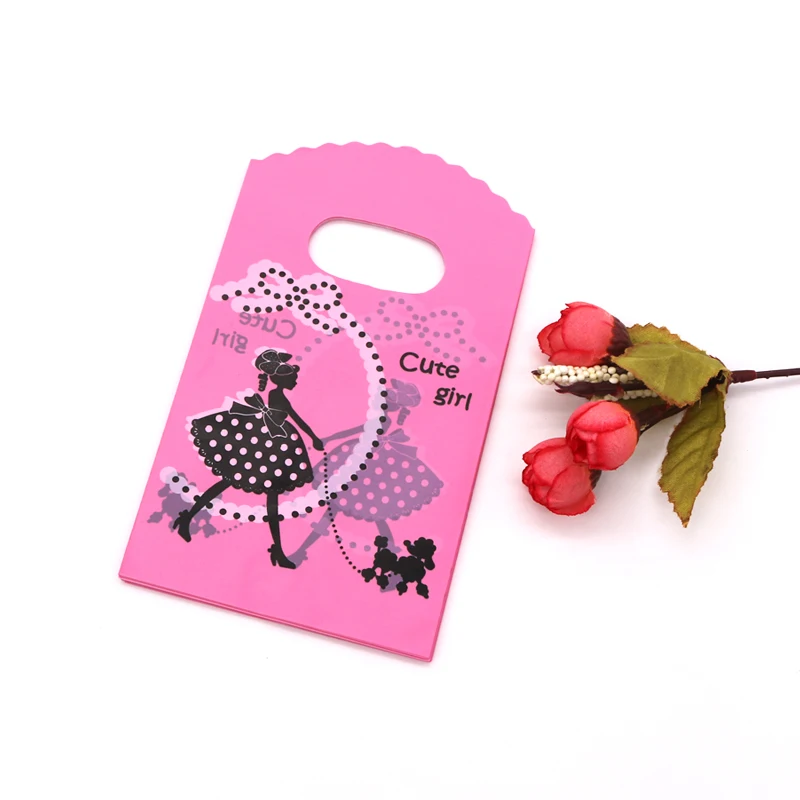 

100pcs/lot pink girl lead dog Party Gift Bag wedding Birthday Party Decor Plastic Candy Bag Loot Bag Supply jewelry display