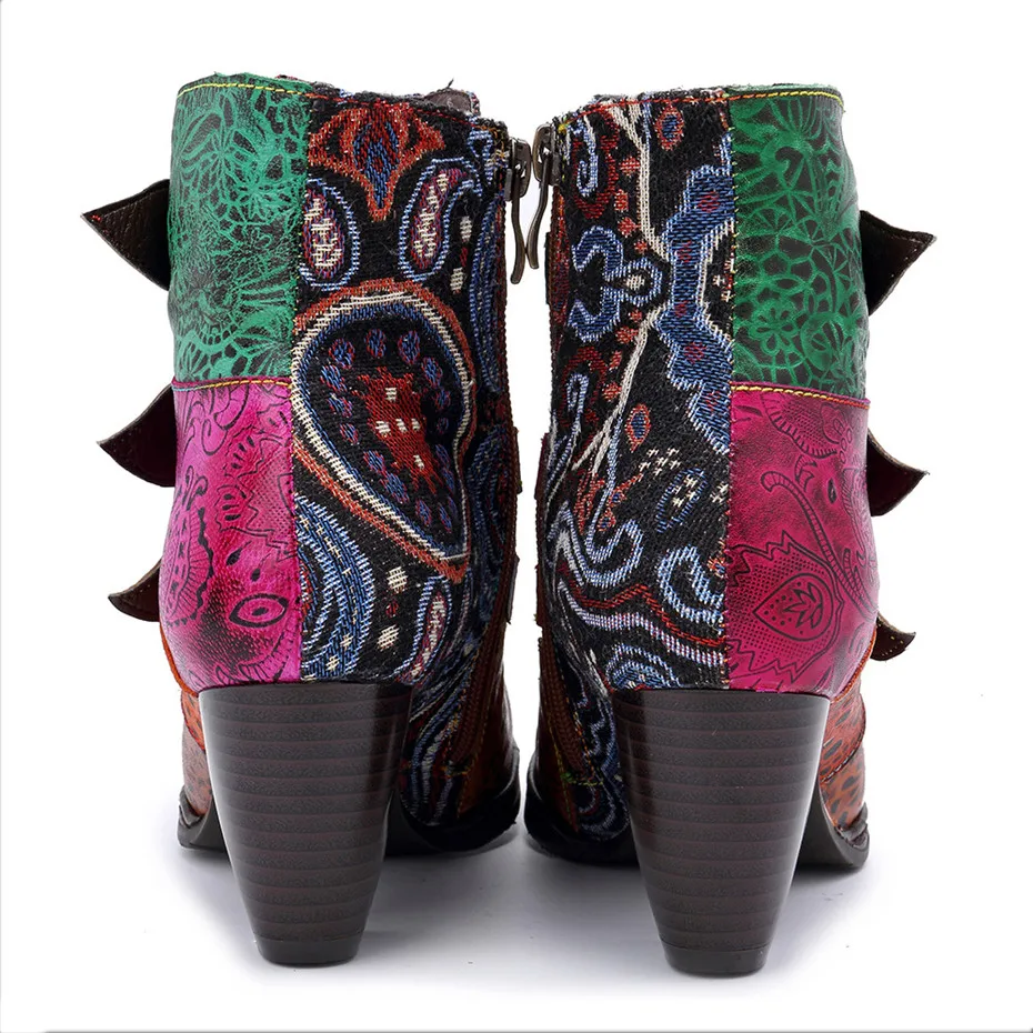 Ботинки женские из натуральной кожи на молнии с принтом квадратном каблуке