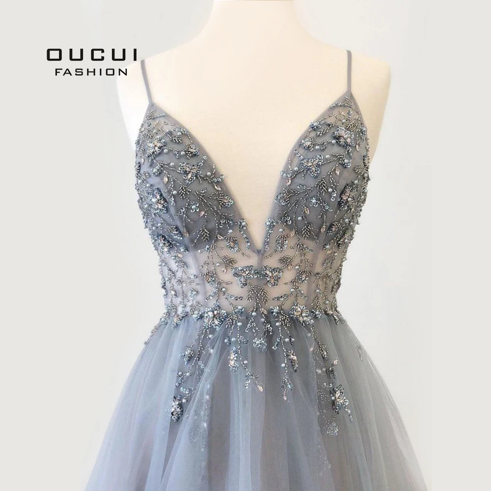 

Beading Long Evening Dresses 2019 Tulle Illusion Evening Gown Sleeveless Backless Deep V-neck Prom Dresses for Women OL103548-1