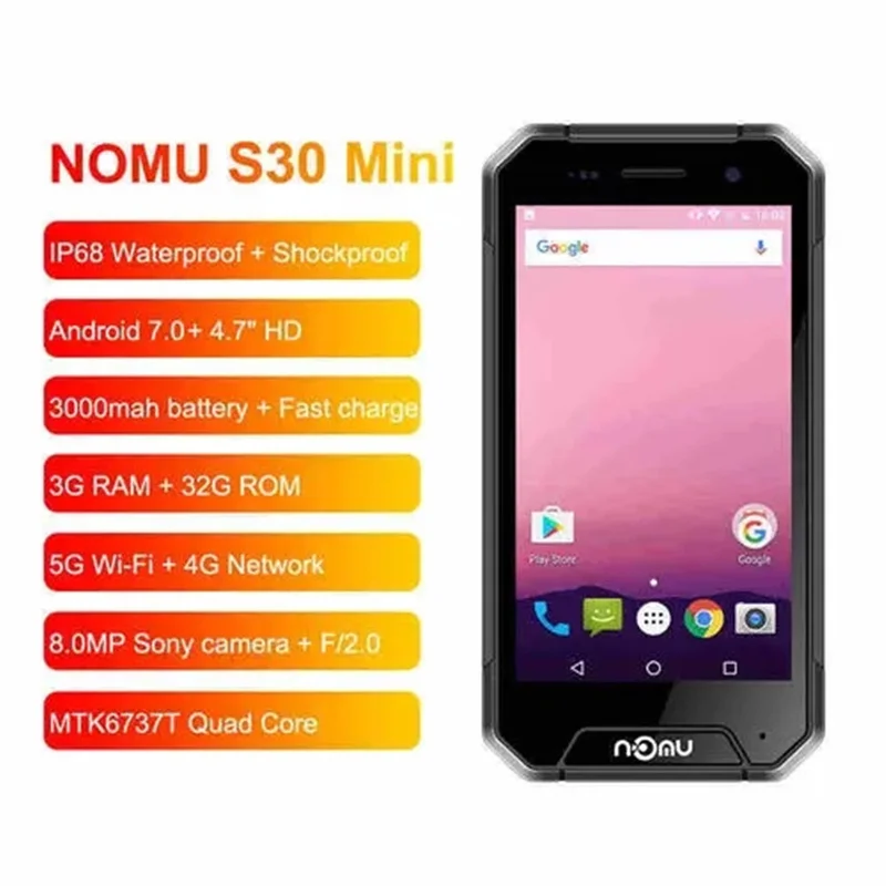 

NOMU S30 Mini 3G RAM 32G ROM IP68 Waterproof Rugged Smartphone Android 7.0 3000mAh 8MP Sports 4G LTE 4.7”HD Mobile Phone