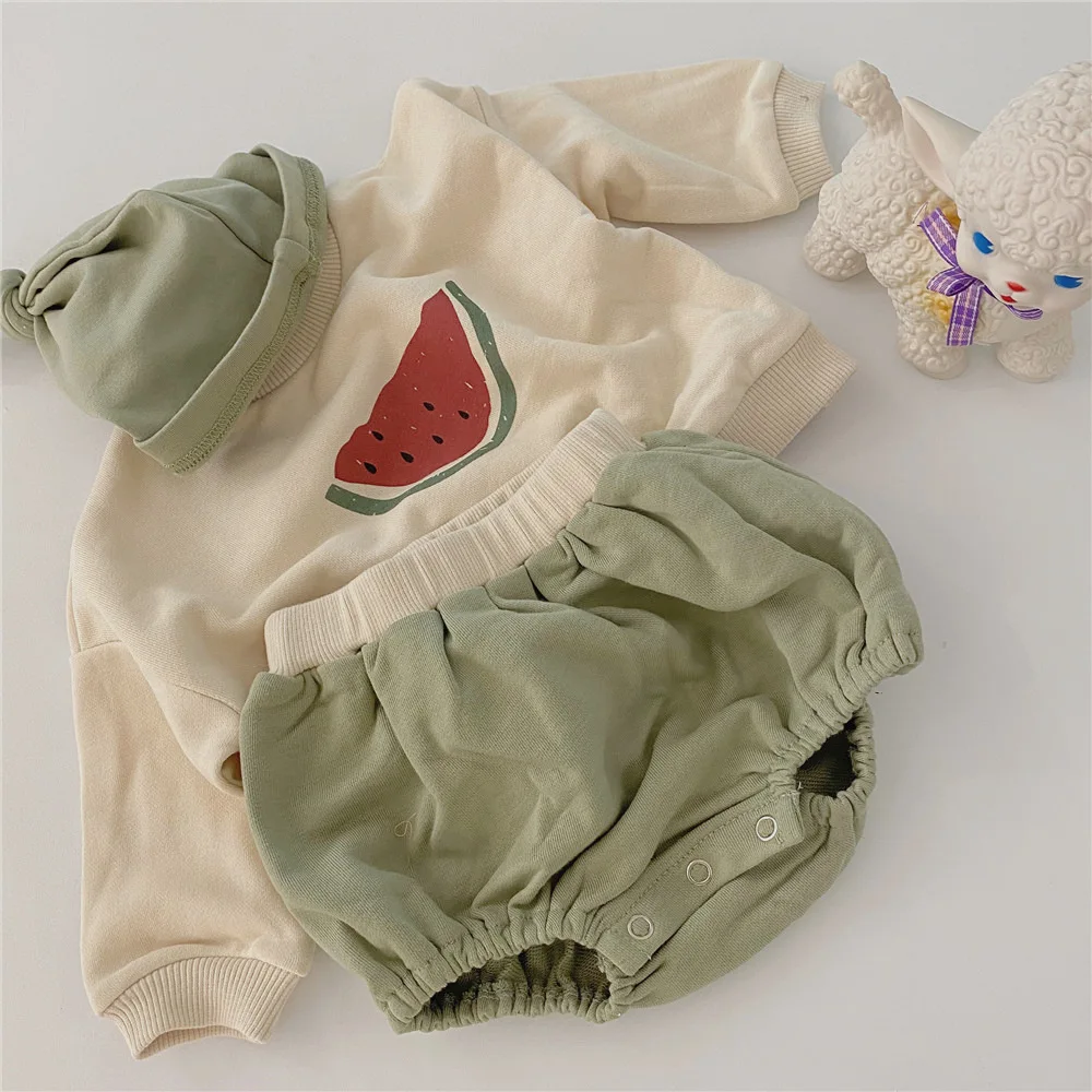 

0-24M Autumn Newborn Baby Boy Girl Casual Sweatshirt Fruit Print Long Sleeve Tops+ Shorts+hat Outfit Kids Clothes Set