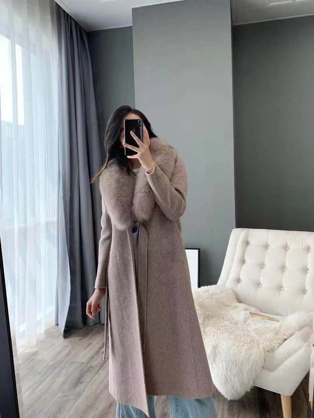 OFTBUY зимняя куртка женская шуба из натурального меха лисы воротник кашемир шерсть смесь Длинная Верхняя одежда с поясом женская уличная