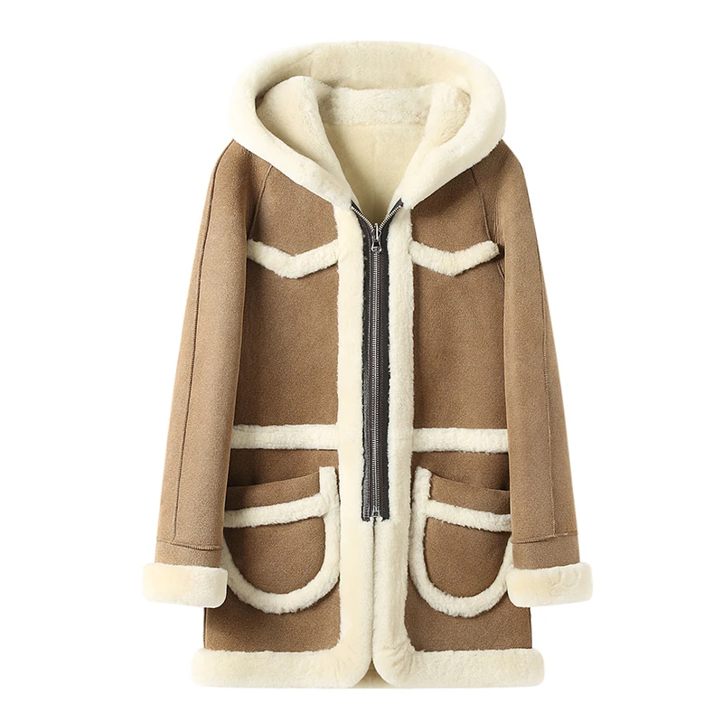 

ZURICHOUSE Genuine Leather Winter Jacket Women Long Hooded Lambswool Coat 2021 Streetwear Fashion High Quality Real Fur Jacket