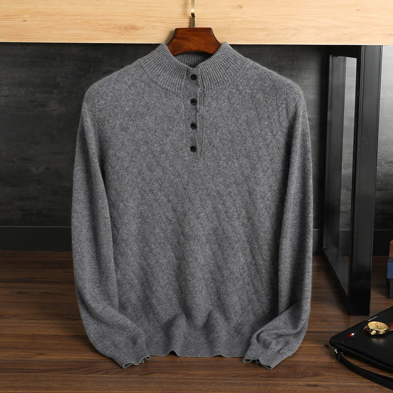 

Zocept 2021 New Fashion Cashmere Sweater Men Winter Button Mock Neck Argyle Knitted Pullover 100% Merino Wool Casual Male Jumper