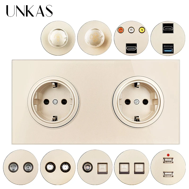 Двойная розетка UNKAS с европейской Золотой стеклянной панелью + вентилятор