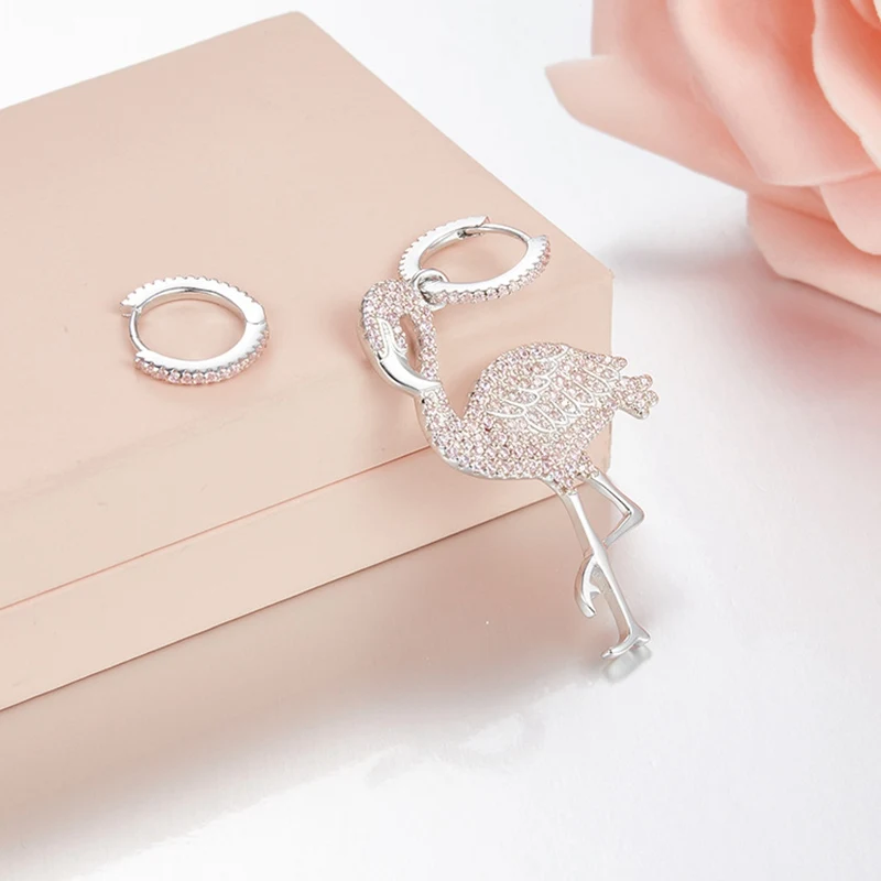 Новые модные серьги стразы с розовым Фламинго Асимметричные циркониевые микро