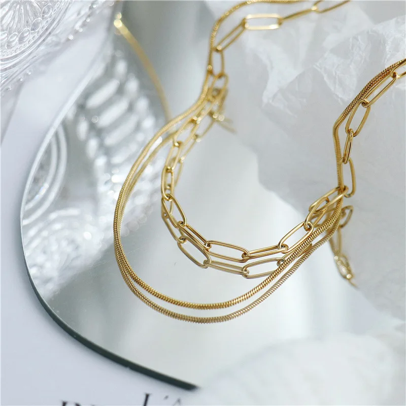 

2021 New Streetwear Dainty Necklace Stainless Steel 2 Rows Snake Paper Clip Chain Necklace For Women Girls Trendy Jewelry Gift