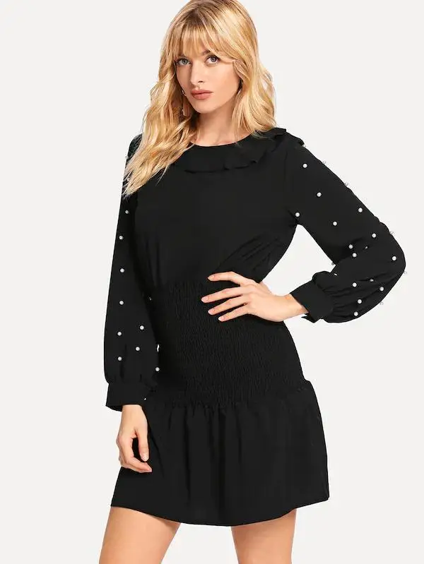 Платье с длинным рукавом и бусинами круглым вырезом узкой талией V155 новый дизайн