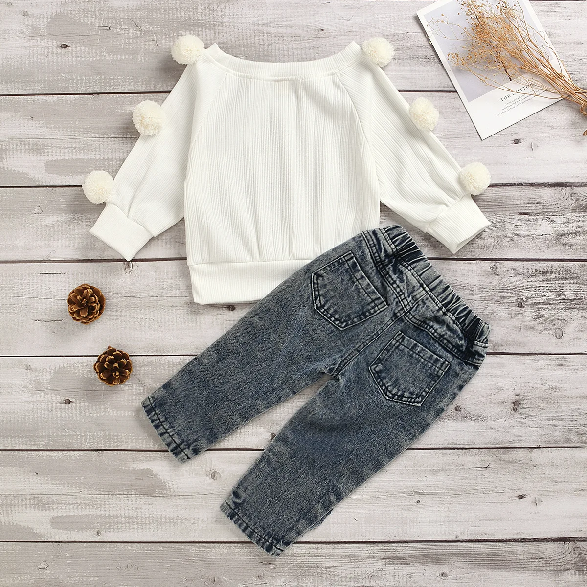 

2PCS Kids Girl Clothing Set Long Sleeve O-neck Ball Sweater Tops Hole Denim Pant Ripped Jeans Outfits Autumn Winter Clothes