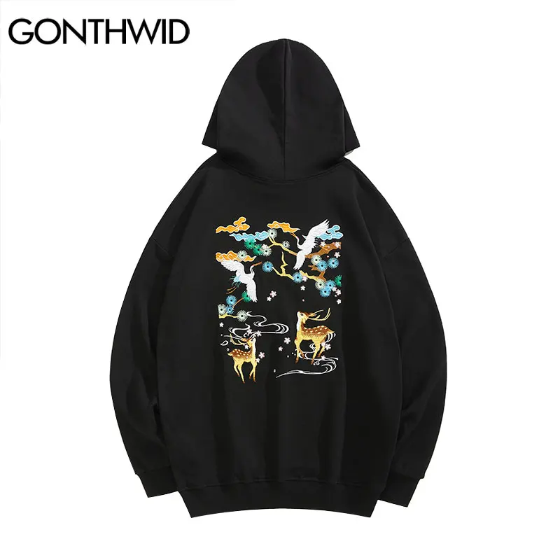 

GONTHWID Harajuku Streetwear Hoodies Embroidery Japanese Crane Deer Hooded Sweatshirts Hip Hop Casual Loose Pullover Mens Tops