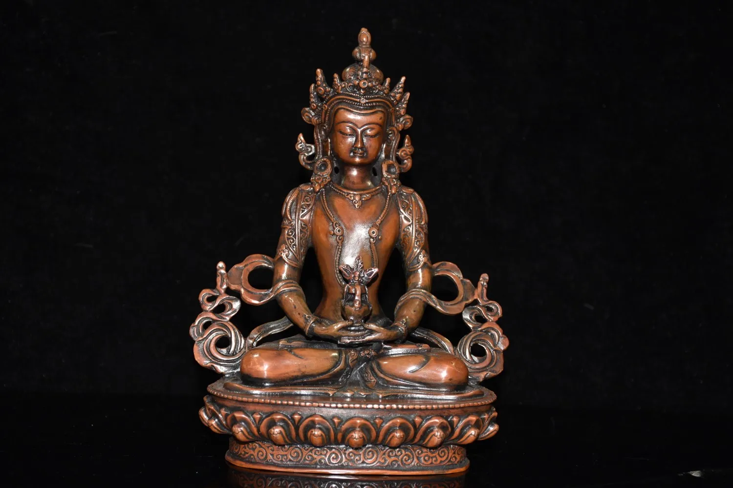 

8"Chinese Folk Collection Old Bronze Longevity Buddha Immortal Life Wisdom Tathagata Lotus Terrace Sitting Buddha Ornaments