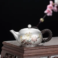 hand carved sterling silver teapot 999 snowflake silver kung fu tea set silver kettle gilt chrysanthemum teapot 240g