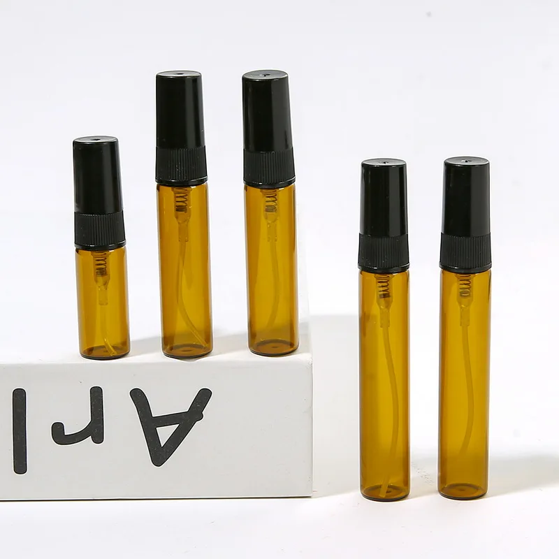 20pcs 2ml 3ml 5ml 7ml 10ml Empty Amber Glass Refillable Perfume Bottle With Black Spray Portable Parfum Cosmetic Vials Atomizer