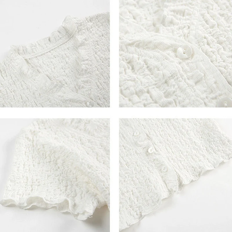 

Shirts Women Folds V-neck Korean Female Fashion Solid Students All-match Street Style Thin Summer Crops Casual Chic Blusas Hot