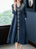tiyihailey free shipping fashion embroidery denim women long mid calf vintage chinese single breasted trench v neck half sleeve
