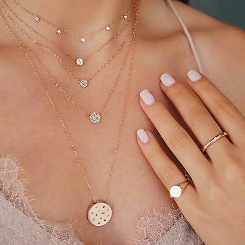 Hot Sale Rounds Crystal Layered Chocker Link Chains Necklace for Women Boho Beach Style Gold Collier Femme Trendy Jewelry 2019 | Украшения