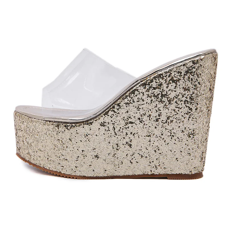 

2019 Women Summer Wedge 13cm High Heels Sandals Transparent Almond-Toe Comfortable Thick Bling Gold Silver Jelly Shoes