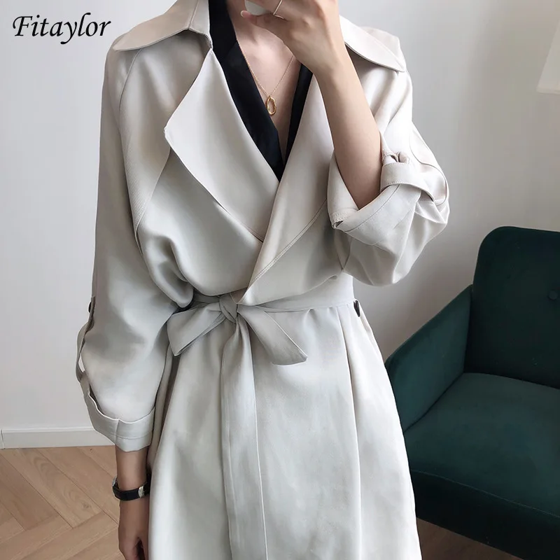 

Fitaylor 2022 Spring Women New Trench Casual Slim Mid-long Trench Coat with Belt Cloak Office Lady Windbreaker Outwear