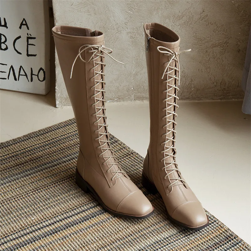 

FOREADA Med Heel Women Boots Real Leather Knee High Boots Lace Up Thick Heel Long Boots Zipper Square Toe Female Shoes Black 40