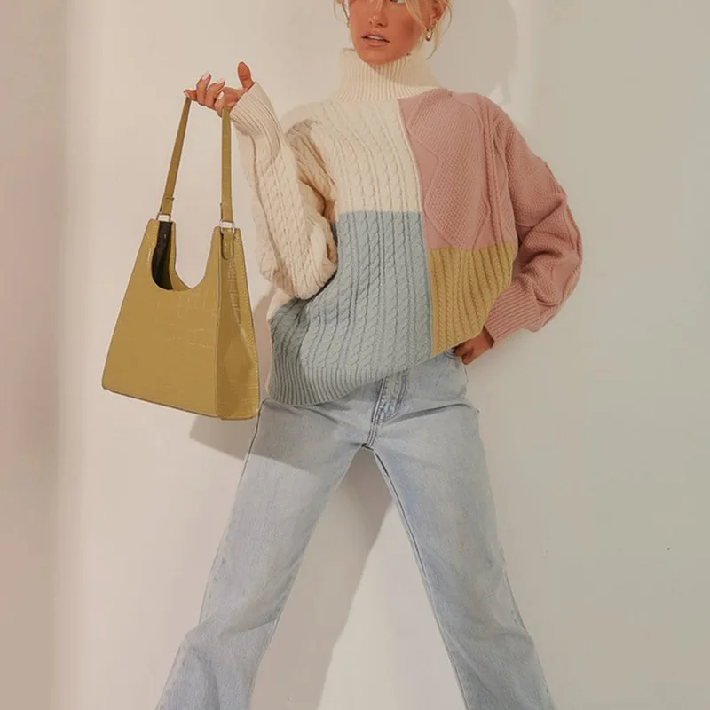 

Women's autumn and winter turtleneck sweater new contrast color stitching long-sleeved loose fashion warm sweater