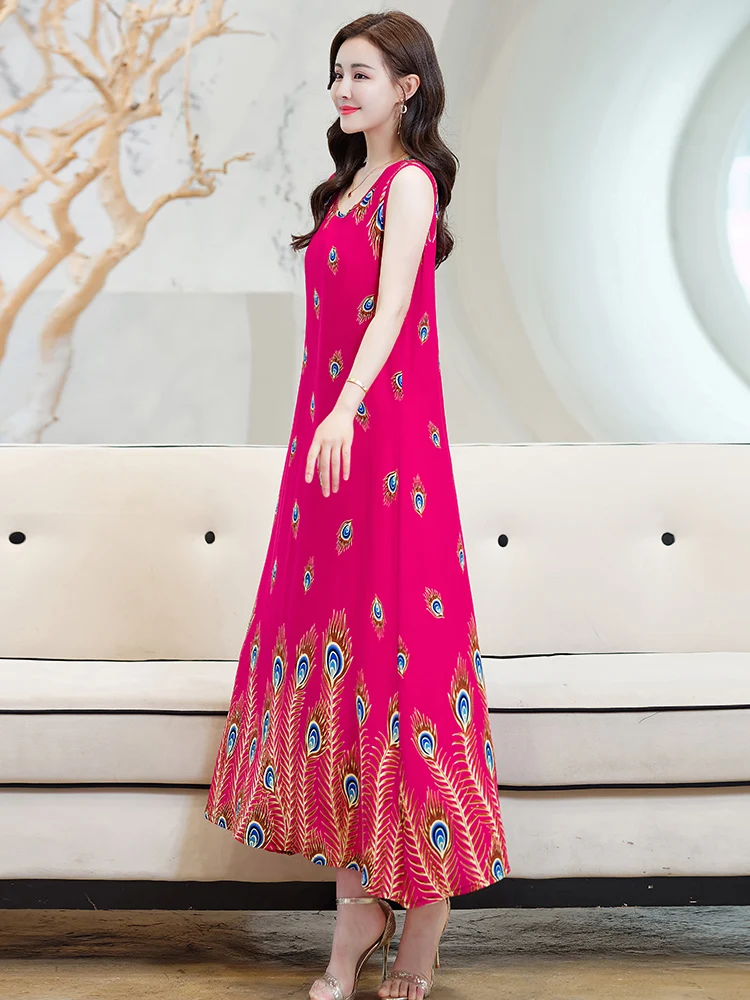 

2021 Summer Bohemia Women Dress Fashion Brand Peacock Blue Round Collar Long Dress Elegant Ladies Beach Straps Dress Nightgown