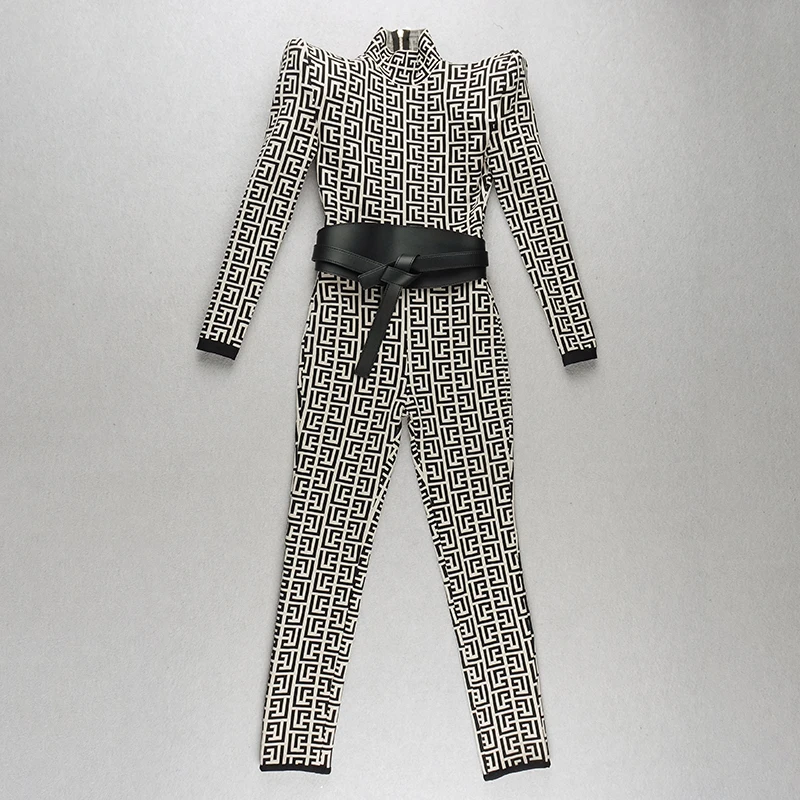 

2021 Sexy Women's Long Sleeve Bandage Jumpsuit Club Black Geometric Lady Sashes Bodycon Bodysuit Party Celebrity