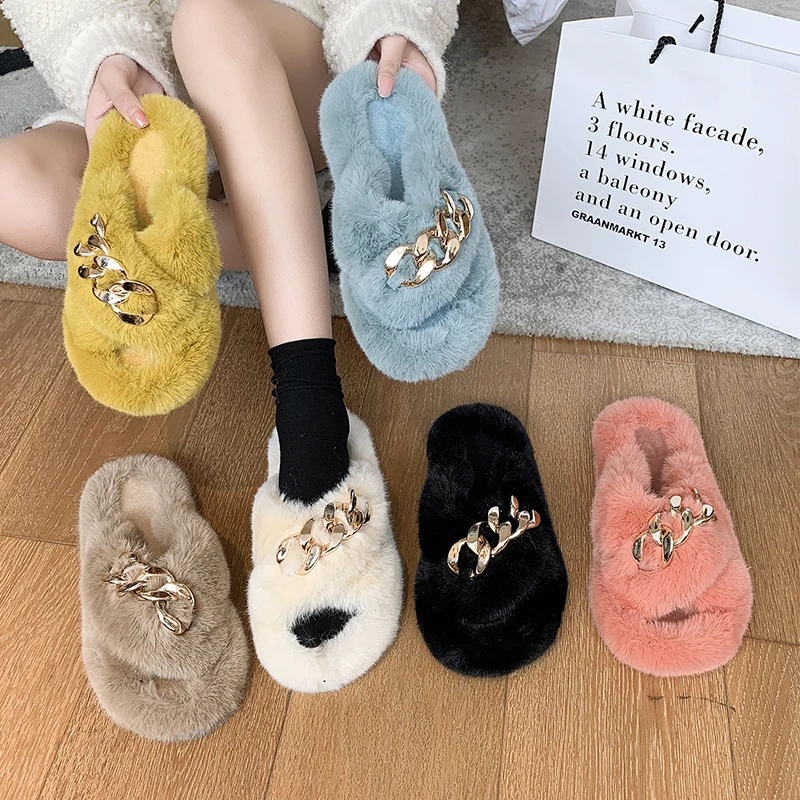 

2021 Winter Double-layer Fox Fur Comfortable and Casual All-matched Strap Slippers Outdoor Flat-bottomed Non-slip Women Sandals