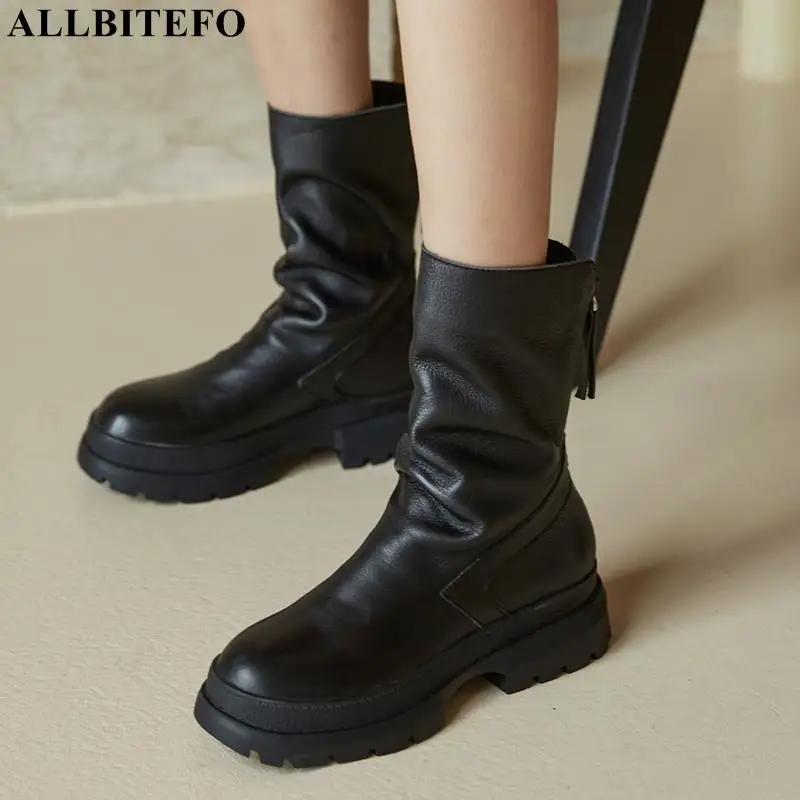 

ALLBITEFO round toe fold design Waterproof shoes soft genuine leather women motocycle boots fashion shoes boots ankle boots