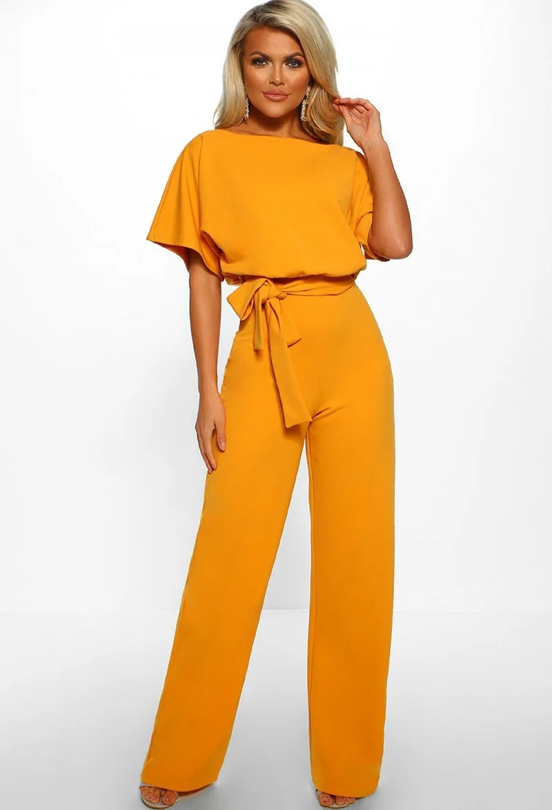 

2021 Summer Button Lace Up Short Sleeve Jumpsuits Women Solid Color Slash Neck Loose Wide Leg Pants Rompers OL Female Mature New