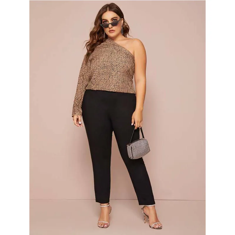 

Women's Long Sleeve One Shoulder Skew Collar Leopard Print Tunic Tops Shirt Plus Size