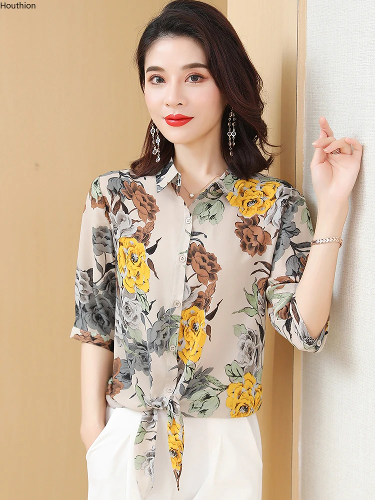 

Шифоновые свободные женские рубашки, новые модные блузки, повседневные рубашки с коротким рукавом, рубашки с цветочными пуговицами, рубашк...