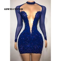 dark blue long sleeve prom dresses celebrity party dress mermaid mini cocktail gown beaded homecoming gowns elegant robe de bal