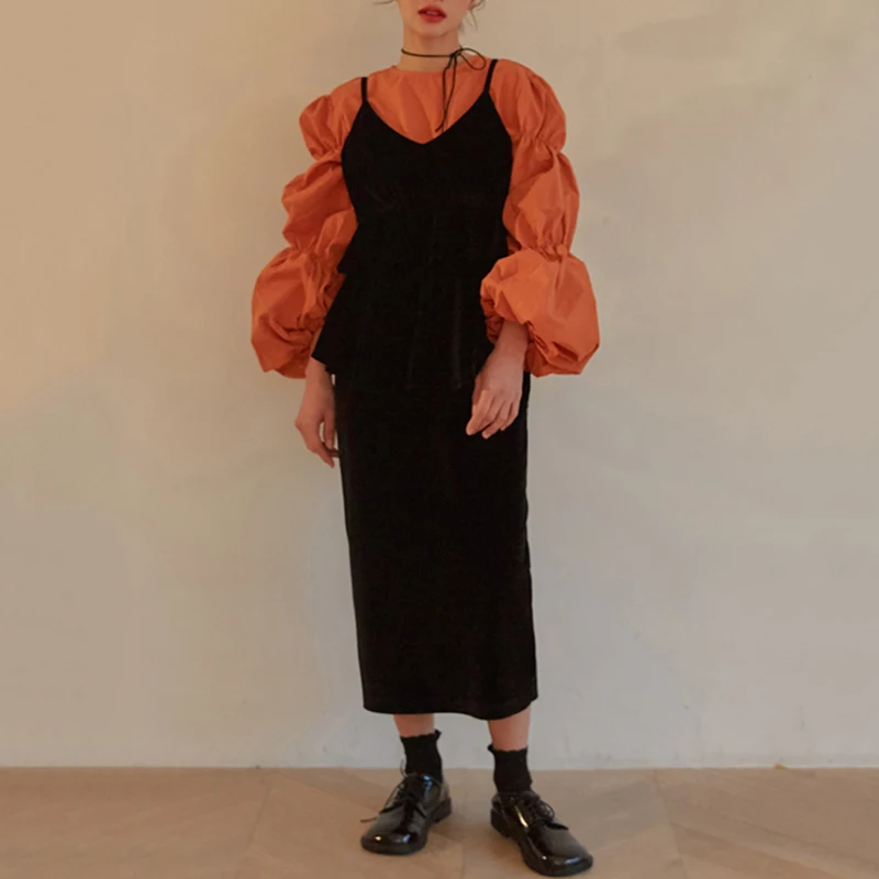 

PERHAPS U Women Vintage 2 Piece Set Orange O-neck Puff Sleeve Button Blouse Black Velvet Sling Cascading Ruffle Cake Dress T0301
