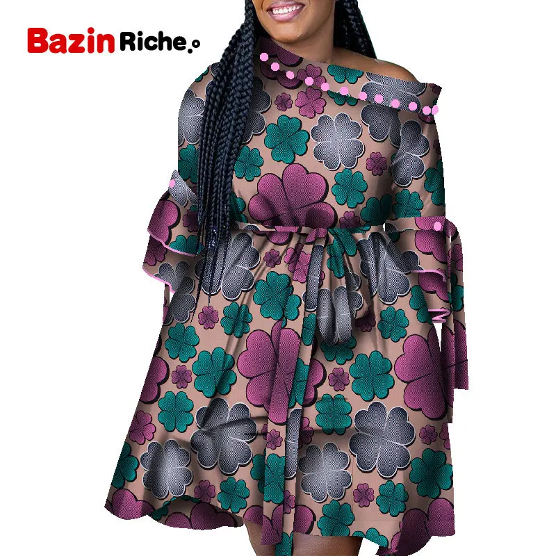 

African Dress Women Above Knee Long Sleeve Dress with Belt Zipper Wax Cotton Ankara Dresses Plus Size Clothes WY8333