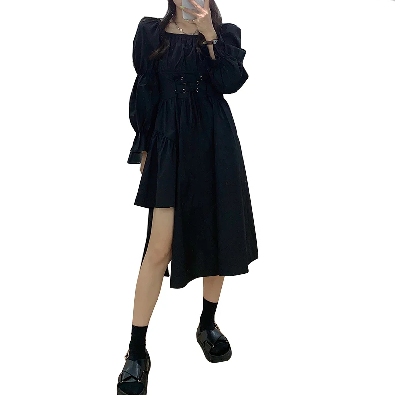 

Fv Lai 2021 new autumn puff sleeve design sense palace style lace-up waist square collar irregular dress