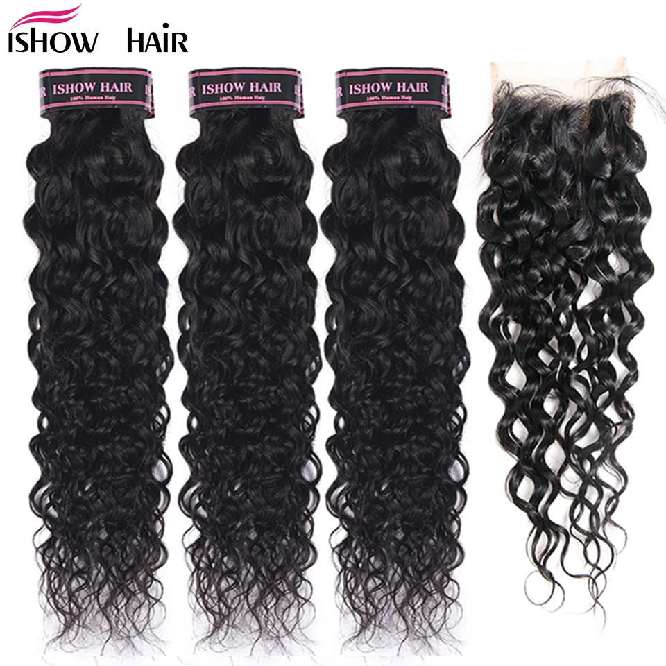 Ishow перуанские человеческие волосы 3 пучка волна воды с закрытием свободная